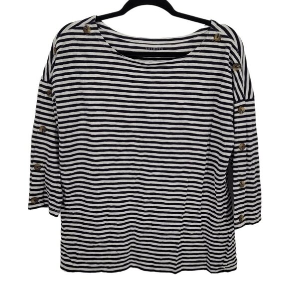 Talbots Womens large navy blue white stripe shoulder button detail 3/4 sleeve - Picture 1 of 9